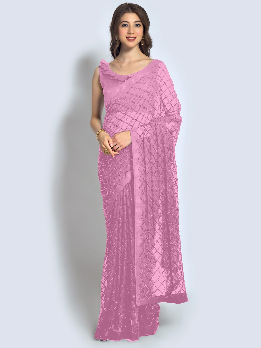 

Mitera Embellished Sequinned Poly Georgette Saree, Mauve