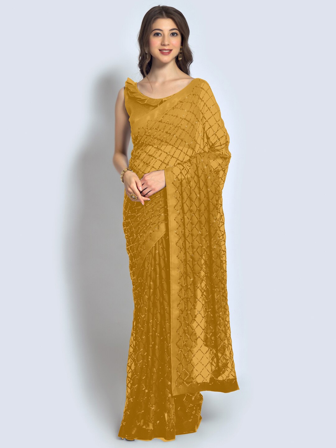 

Mitera Sequin Embellished Pure Georgette Saree, Mustard