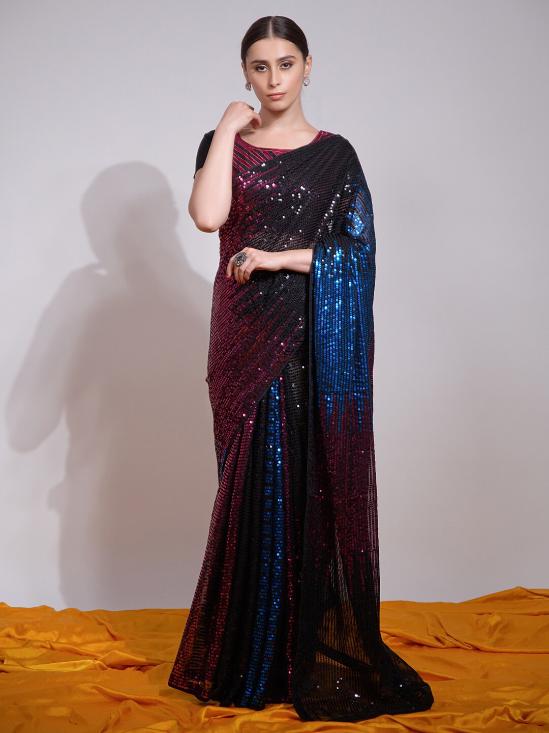 

Mitera Black Purple Embellished Poly Georgette Saree