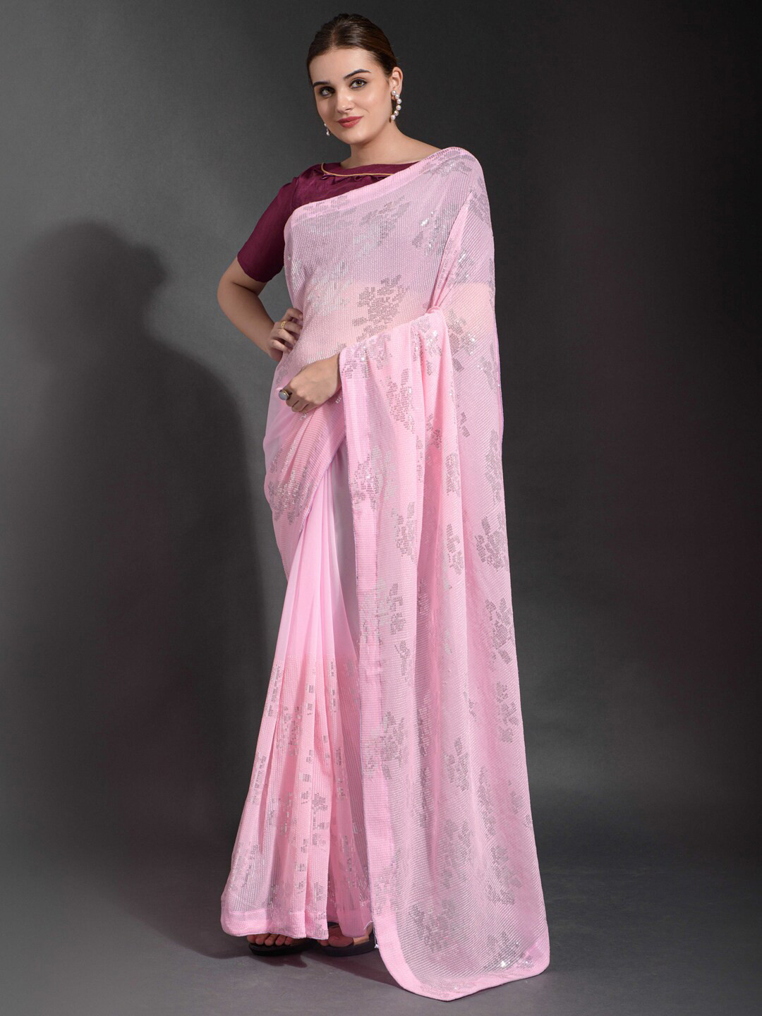 

Mitera Pink Embellished Sequinned Pure Georgette Saree