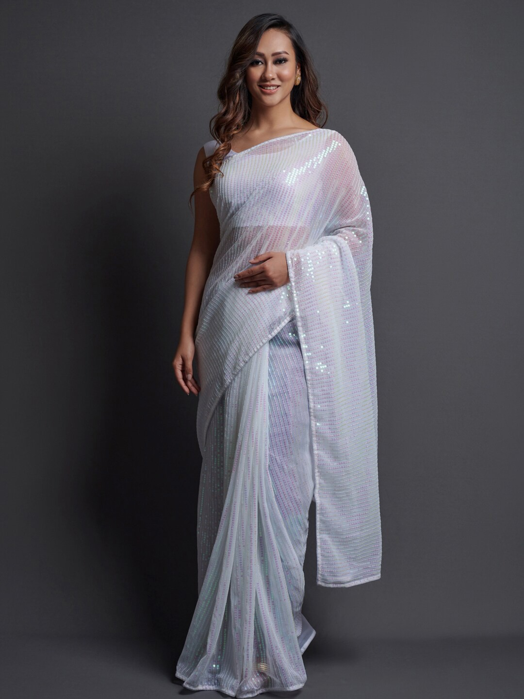 

Mitera White Embellished Sequinned Poly Georgette Saree
