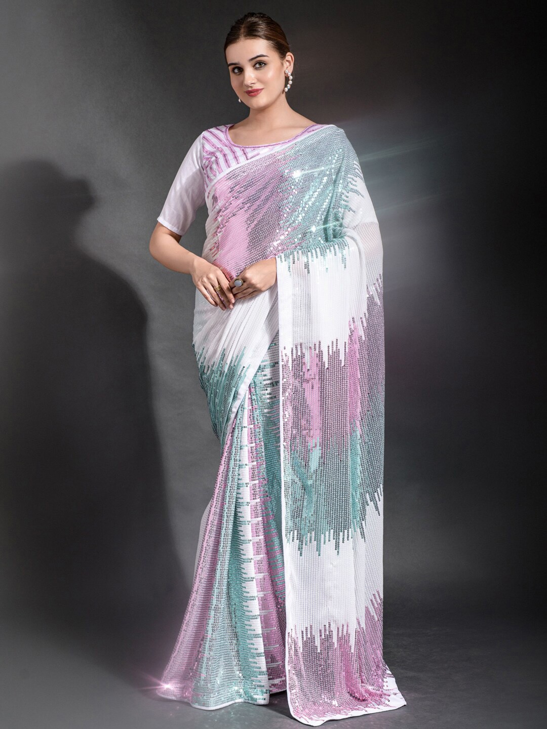

Mitera Sequin Embellished Poly Georgette Saree, White