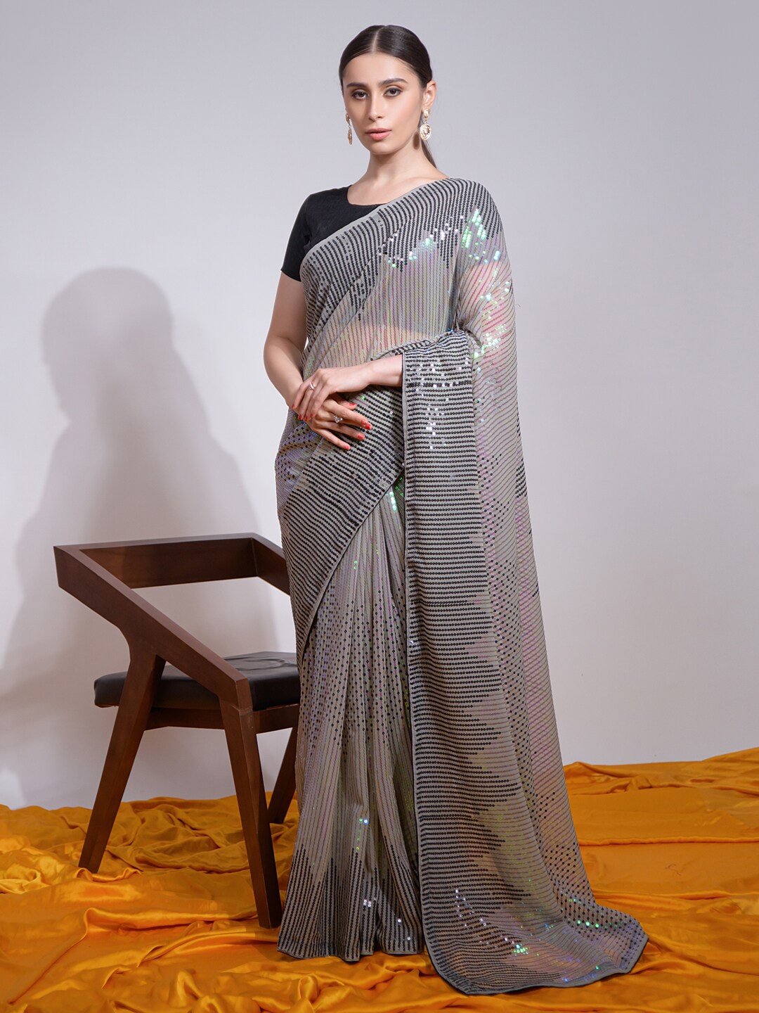 

Mitera Grey Sequinned Embellished Pure Georgette Saree