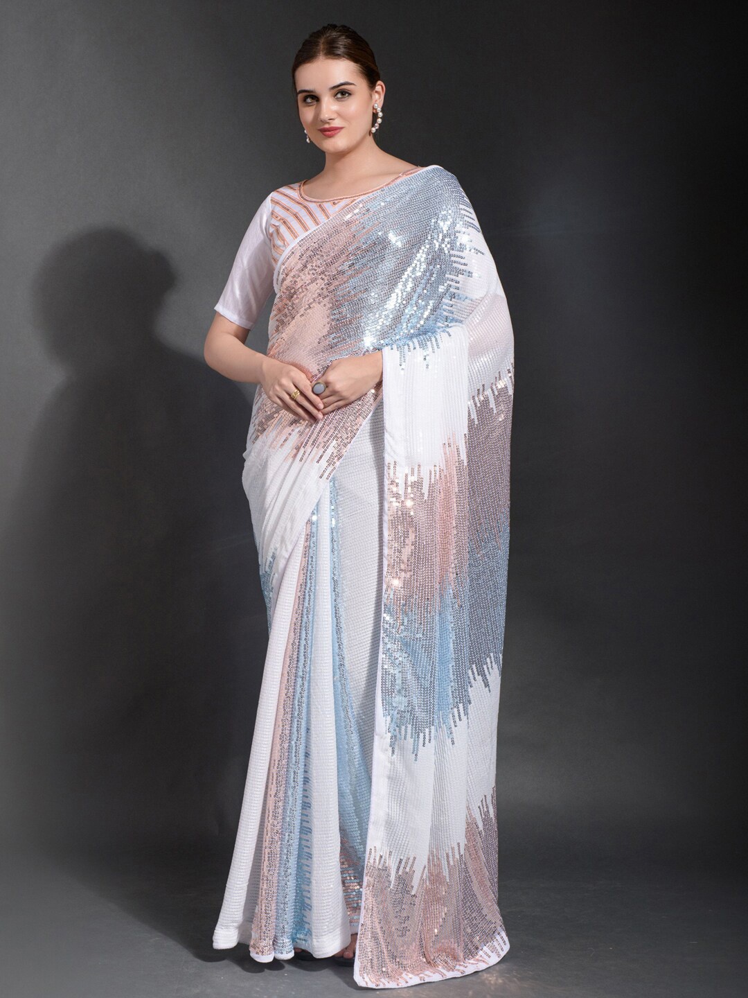 

Mitera White Embellished Sequinned Poly Georgette Saree