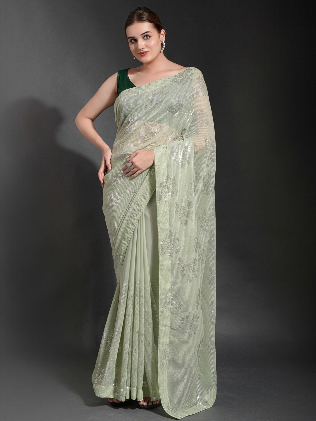 

Mitera Green Embellished Sequinned Pure Georgette Saree