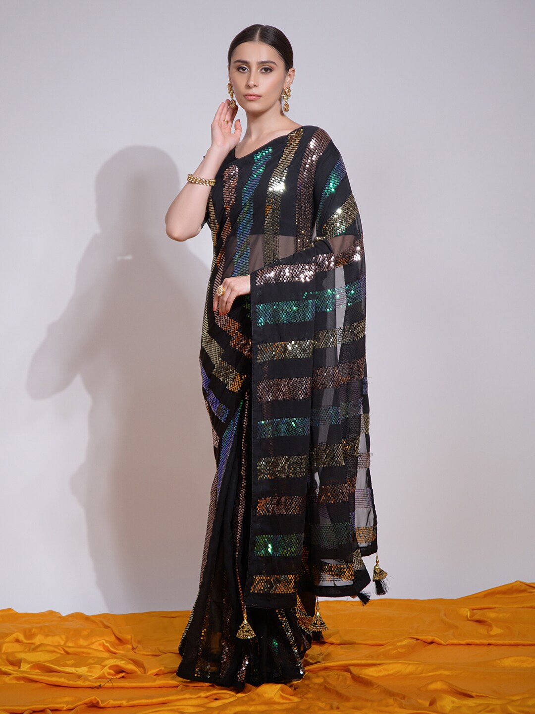 

Mitera Black & Blue Embellished Sequinned Pure Georgette Saree