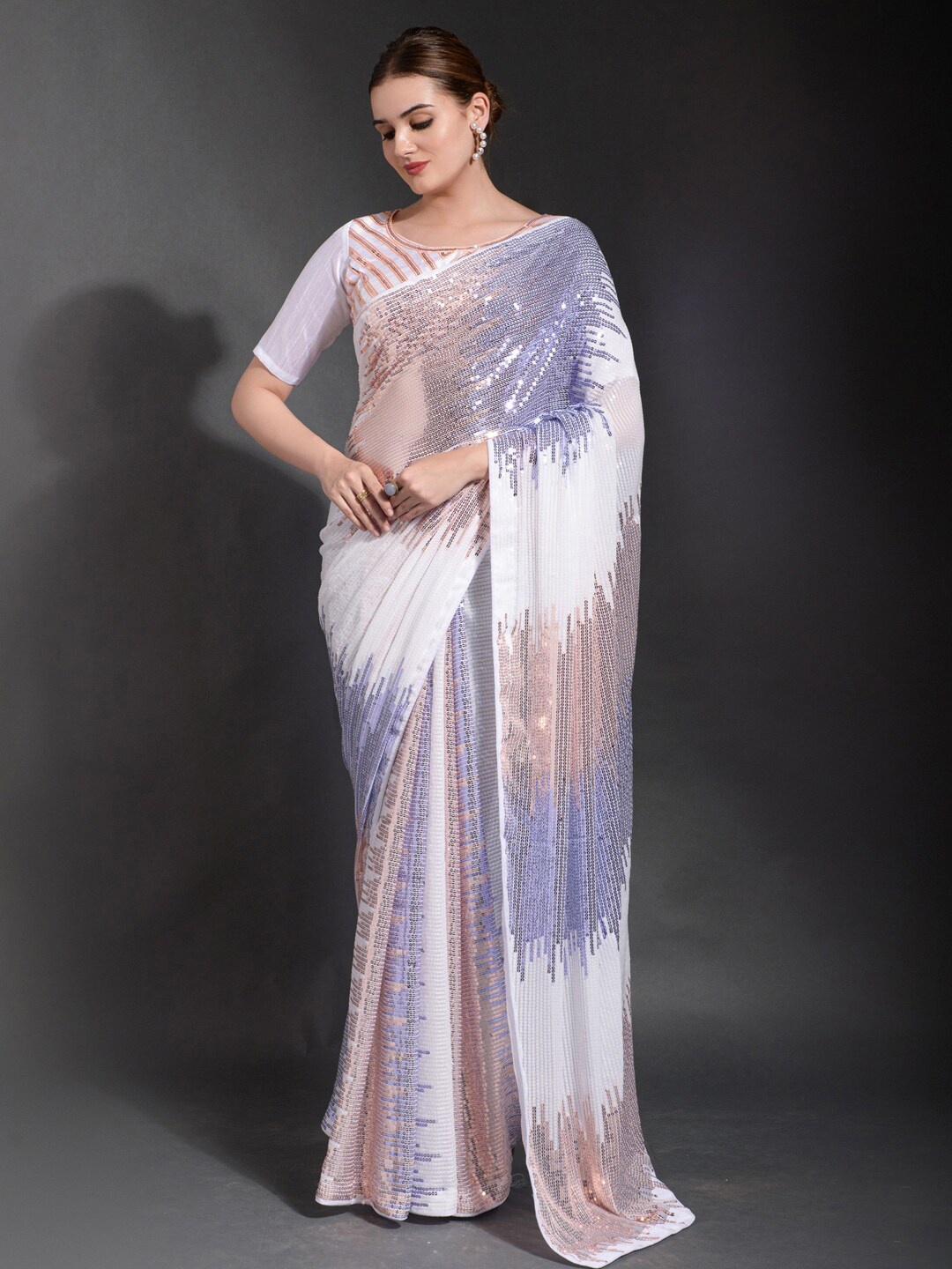 

Mitera White Purple Embellished Sequinned Poly Georgette Saree