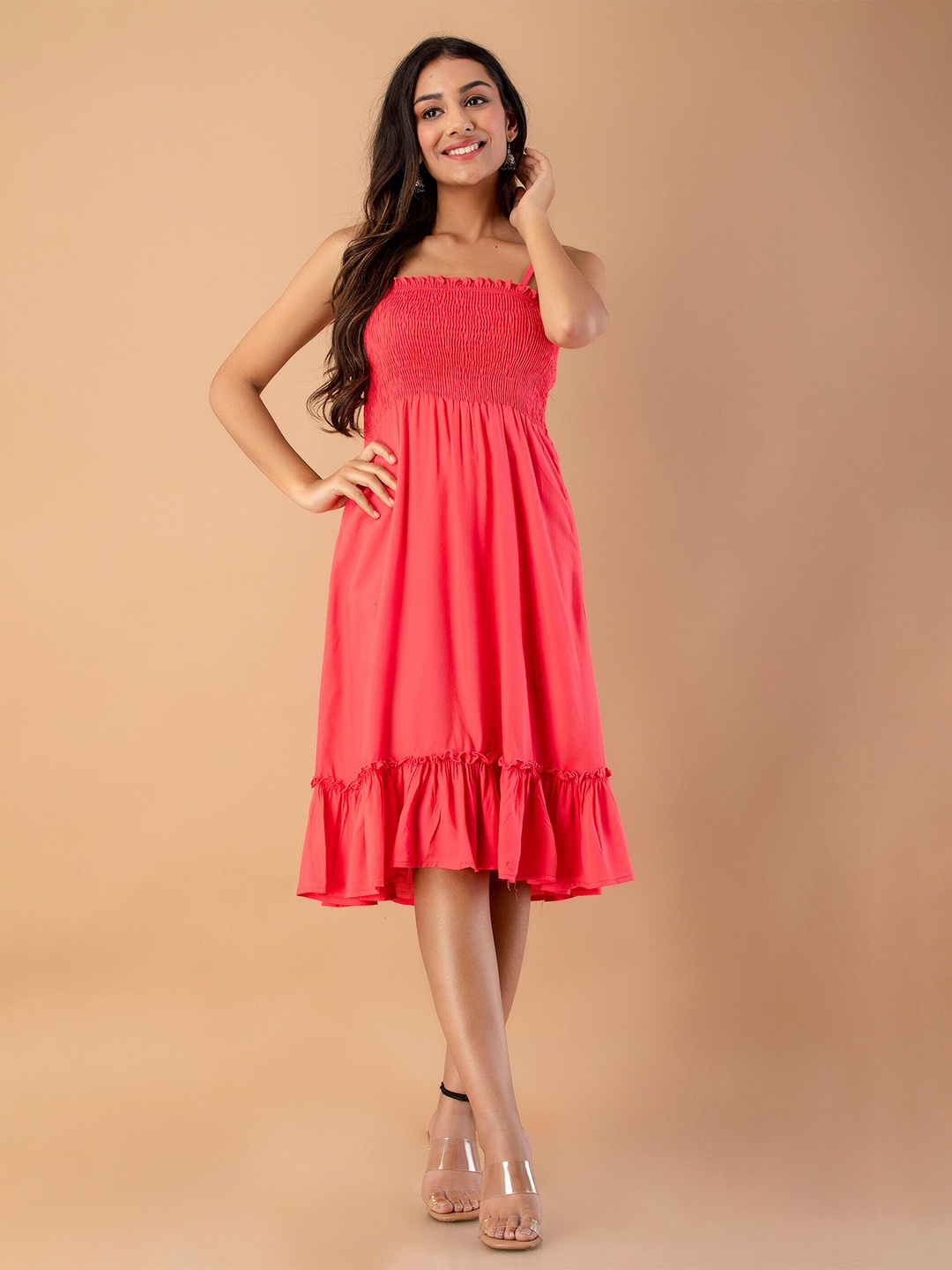 

UNIBLISS Shoulder Strap Smocked Fit & Flare Dress, Orange