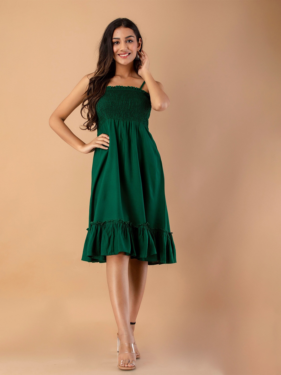 

UNIBLISS Shoulder Strap Smocked Fit & Flare Dress, Green
