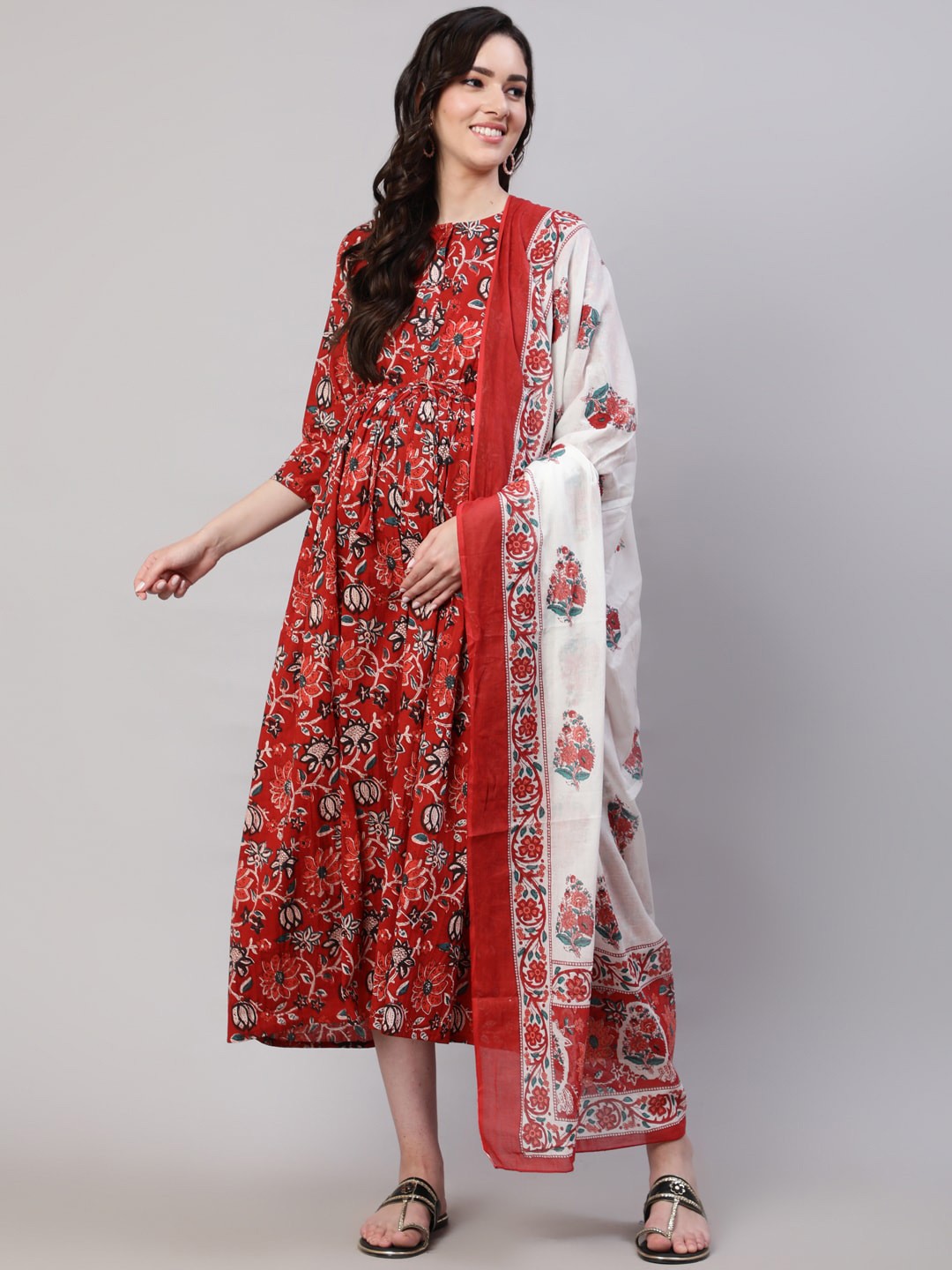 

Nayo Maternity Floral Printed Fit & Flare Cotton Ethnic Dress With Dupatta, Maroon