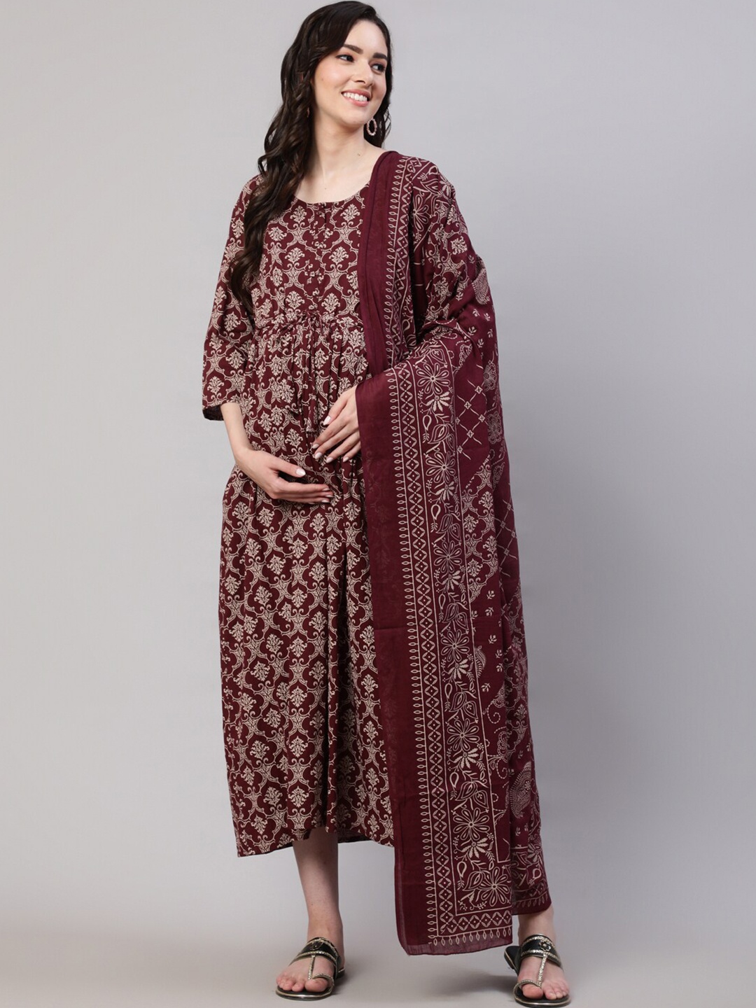 

Nayo Maternity Floral Printed Fit & Flare Cotton Ethnic Dress With Dupatta, Burgundy