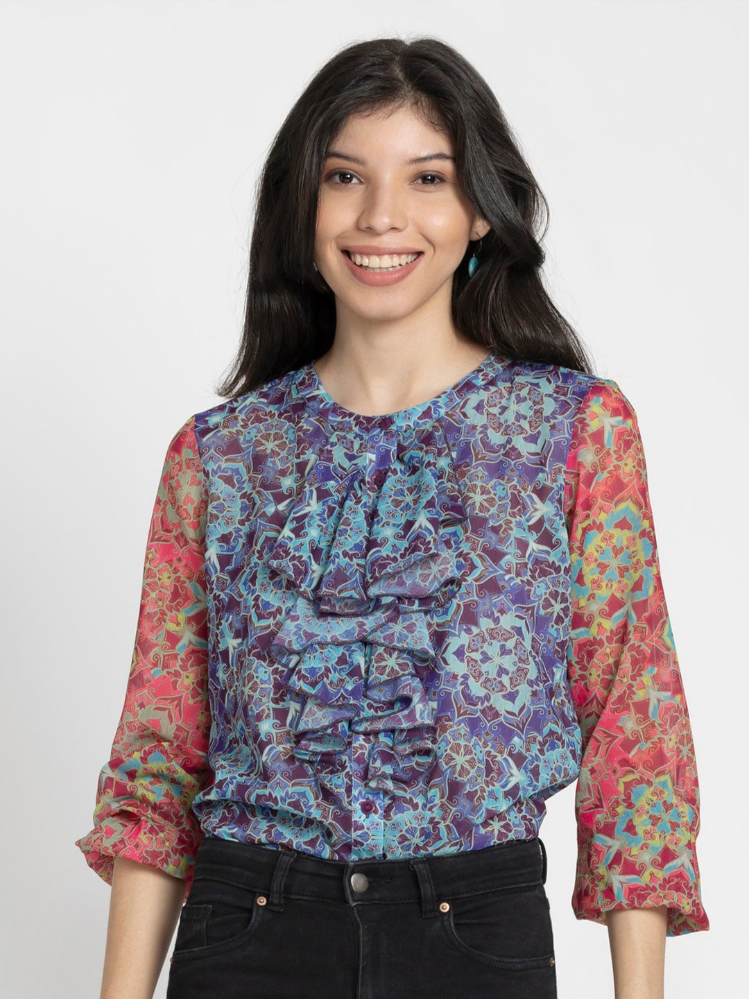 

SHAYE Floral Printed Ruffles Top, Blue