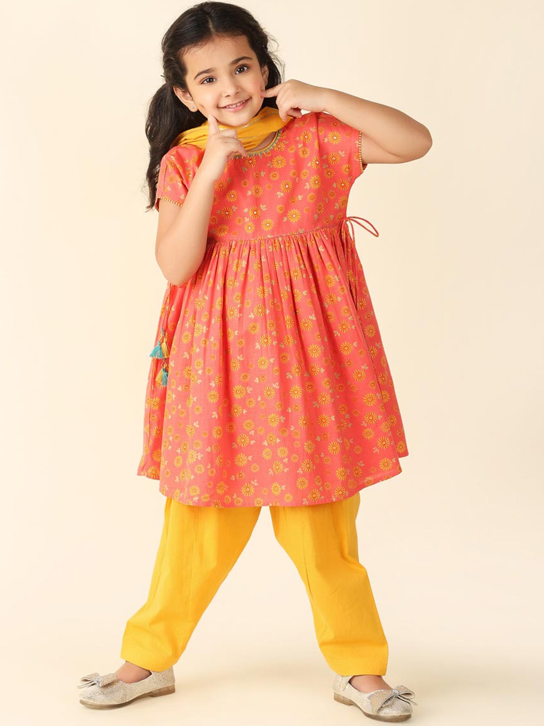 

Fabindia Girls Floral Printed Thread Work Pure Cotton Kurta With Salwar & Dupatta, Coral