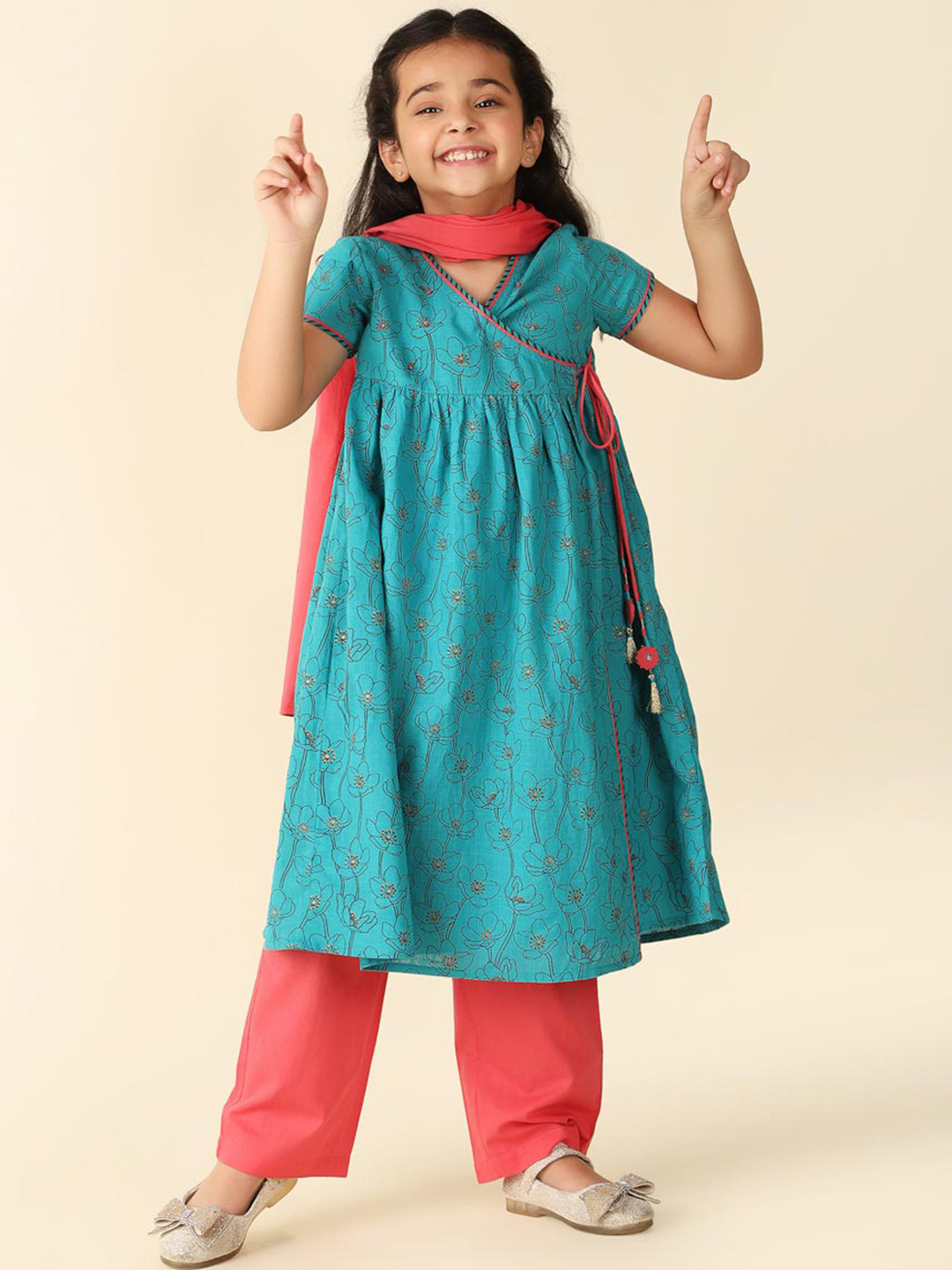 

Fabindia Girls Floral Printed Pure Cotton Angrakha Kurta With Palazzos & Dupatta, Blue