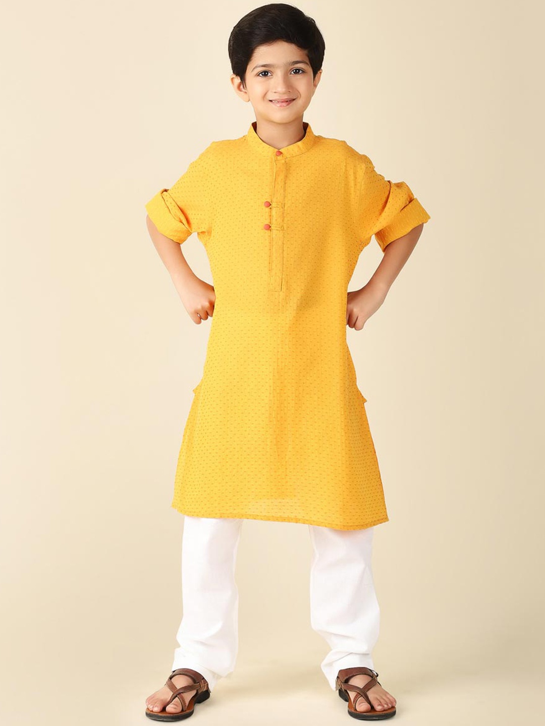 

Fabindia Boys Woven Design Mandarin Collar Straight Kurta, Yellow