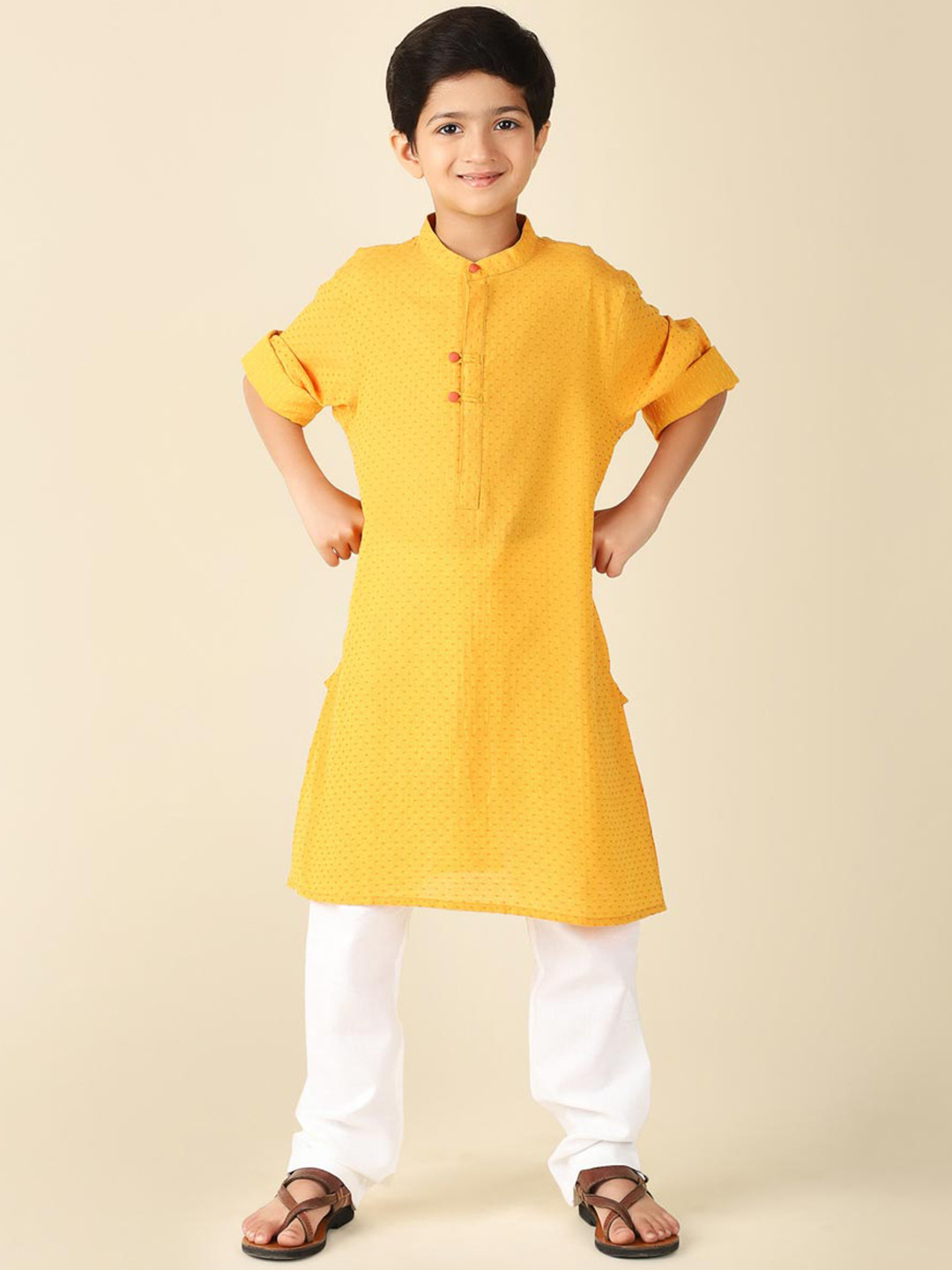 

Fabindia Boys Woven Design Mandarin Collar Straight Kurta, Yellow