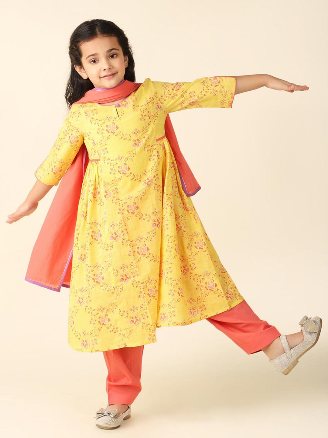 

Fabindia Girls Ethnic Motifs Printed Regular Pure Cotton Kurta With Salwar & Dupatta, Yellow