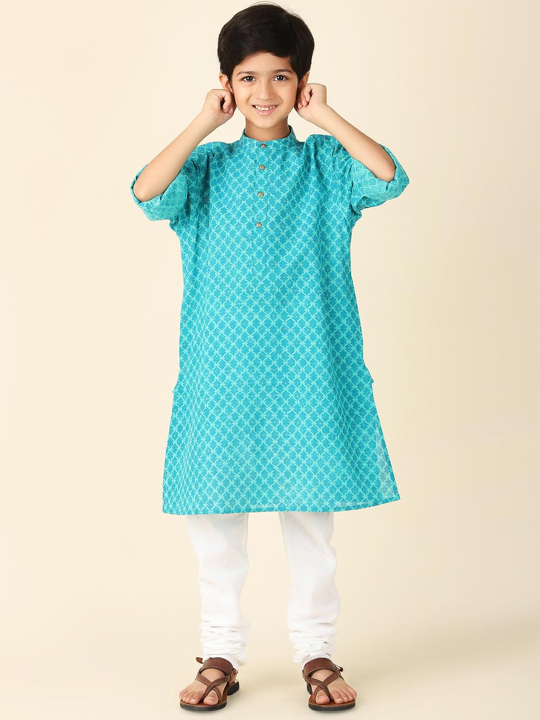 

Fabindia Boys Geometric Printed Pure Cotton Straight Kurta, Teal