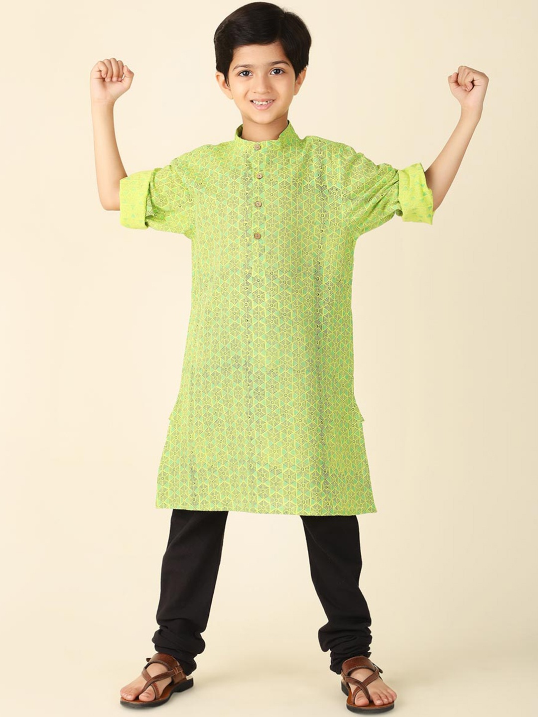 

Fabindia Boys Geometric Printed Pure Cotton Straight Kurta, Lime green