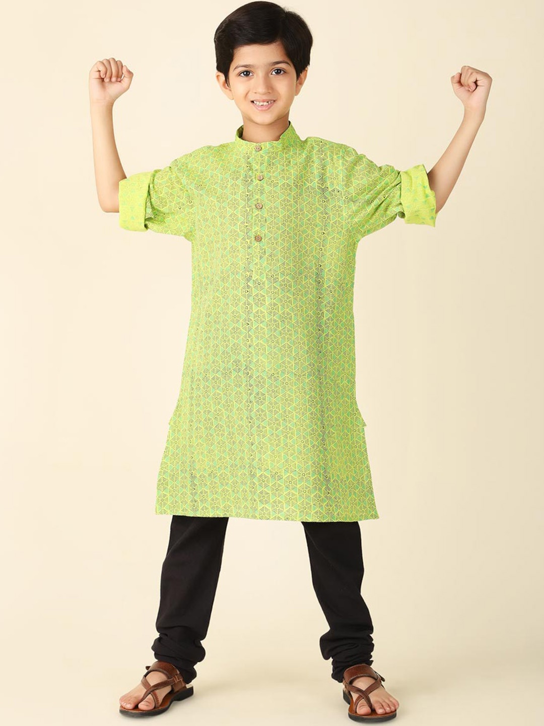 

Fabindia Boys Geometric Printed Pure Cotton Straight Kurta, Lime green