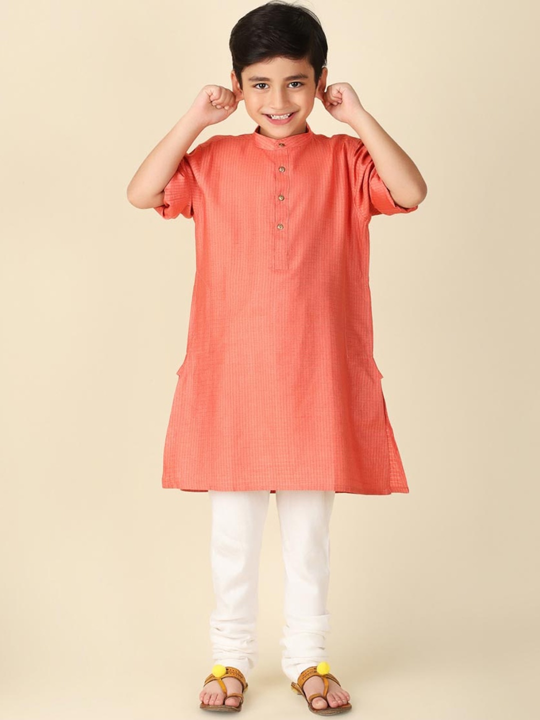 

Fabindia Boys Checked Band Collar Kurta, Coral