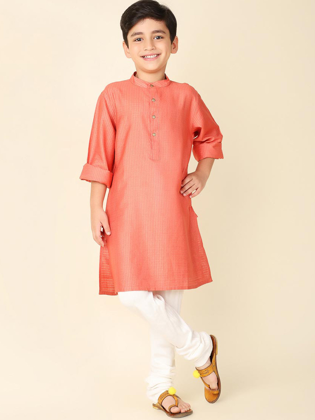 

Fabindia Boys Checked Band Collar Kurta, Coral