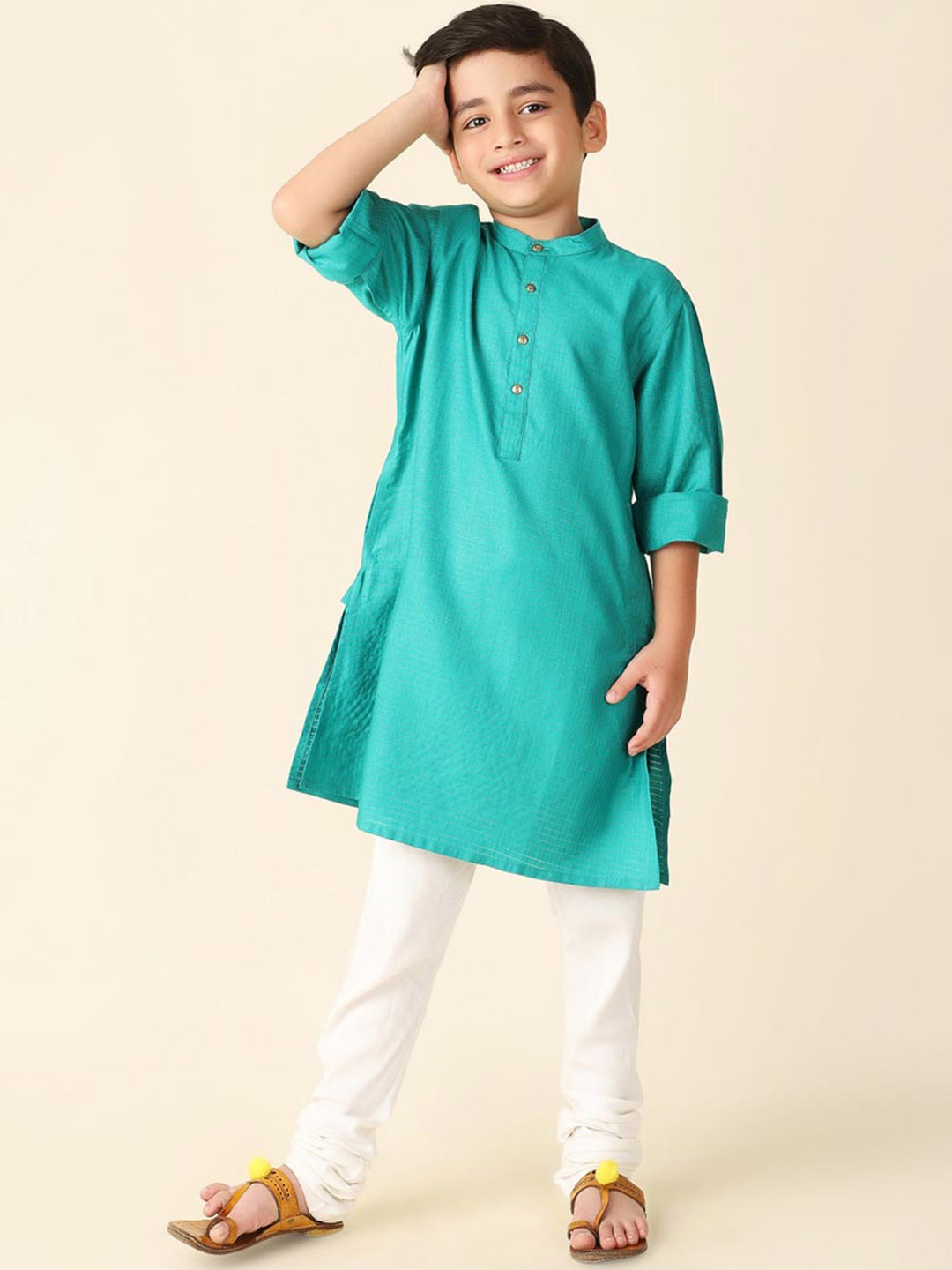 

Fabindia Boys Checked Band Collar Kurta, Turquoise blue