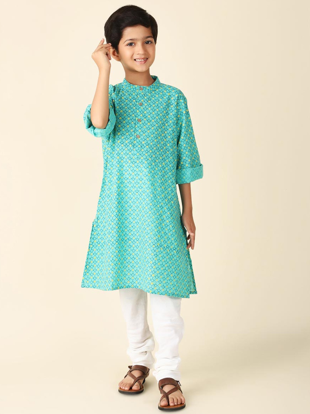 

Fabindia Boys Abstract Printed Band Collar Cotton Kurta, Turquoise blue