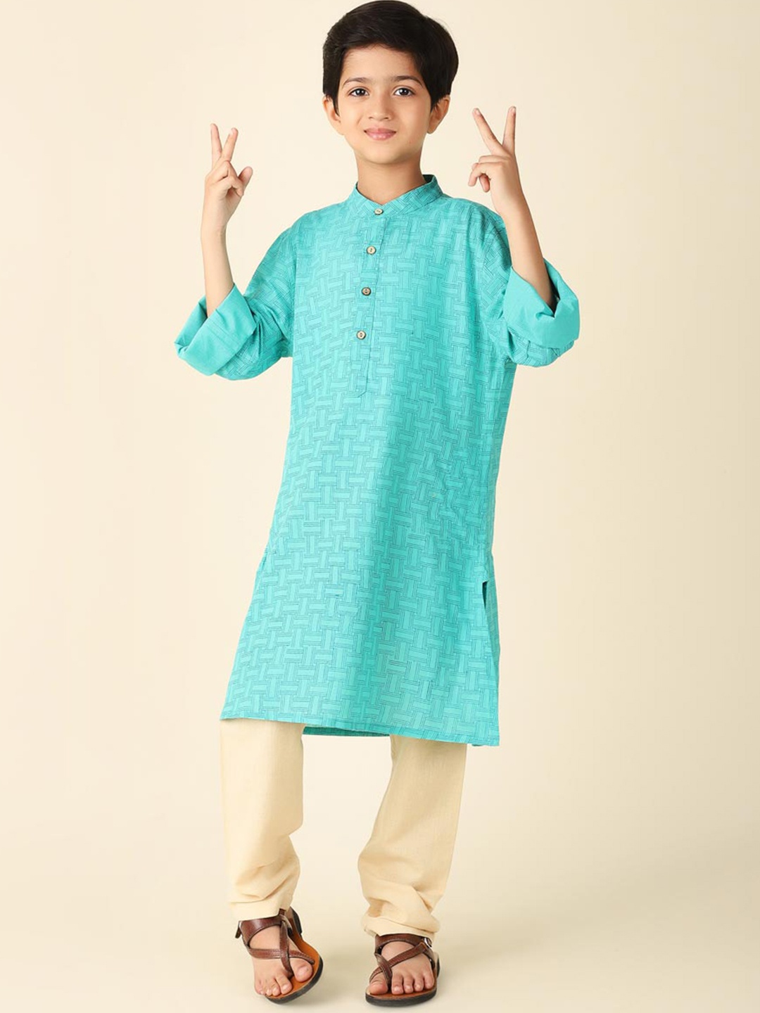

Fabindia Boys Geometric Printed Band Collar Straight Cotton Kurta, Turquoise blue