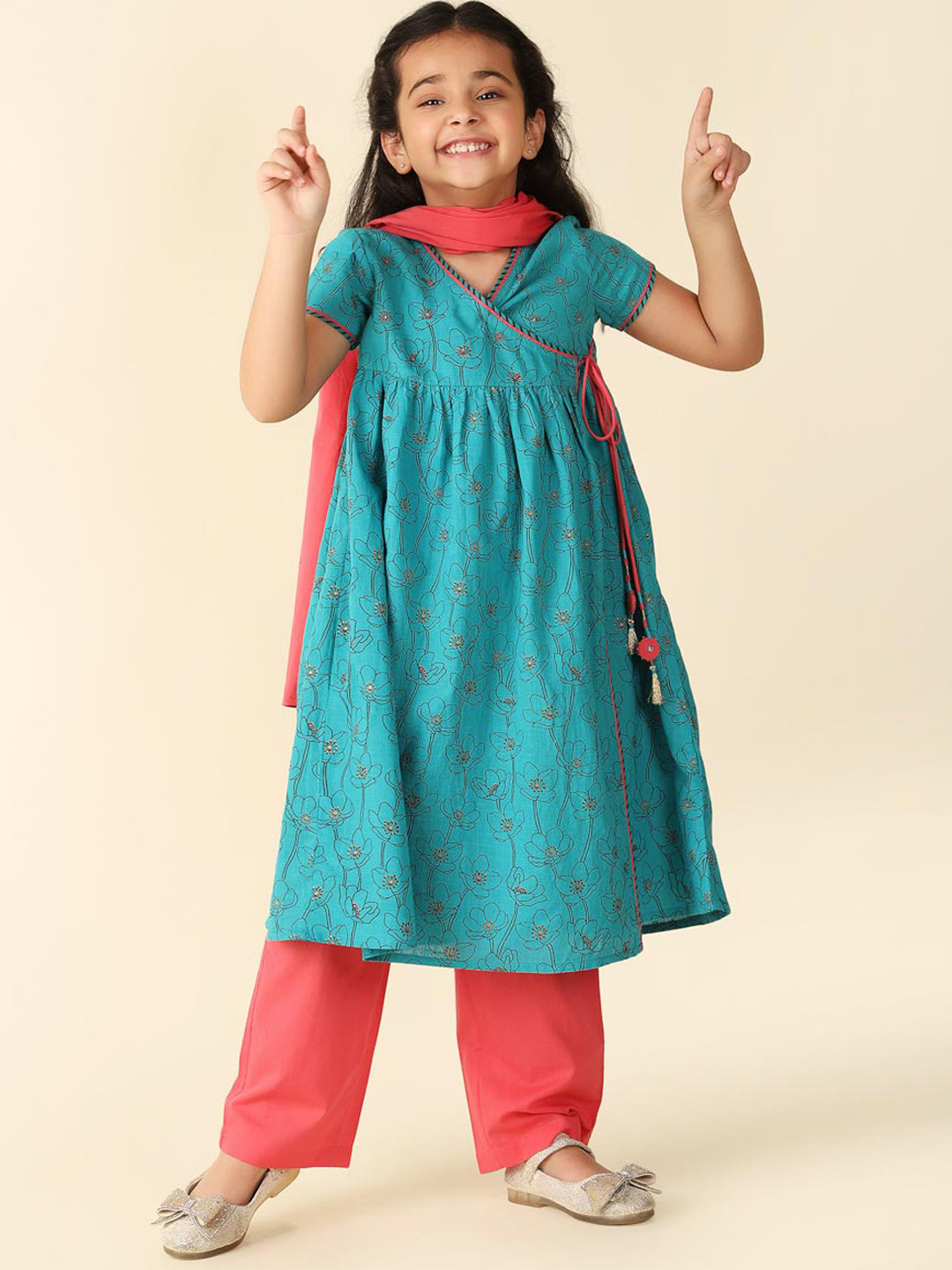 

Fabindia Girls Ethnic Motifs Printed Angrakha Pure Cotton Kurta With Salwar & Dupatta, Blue
