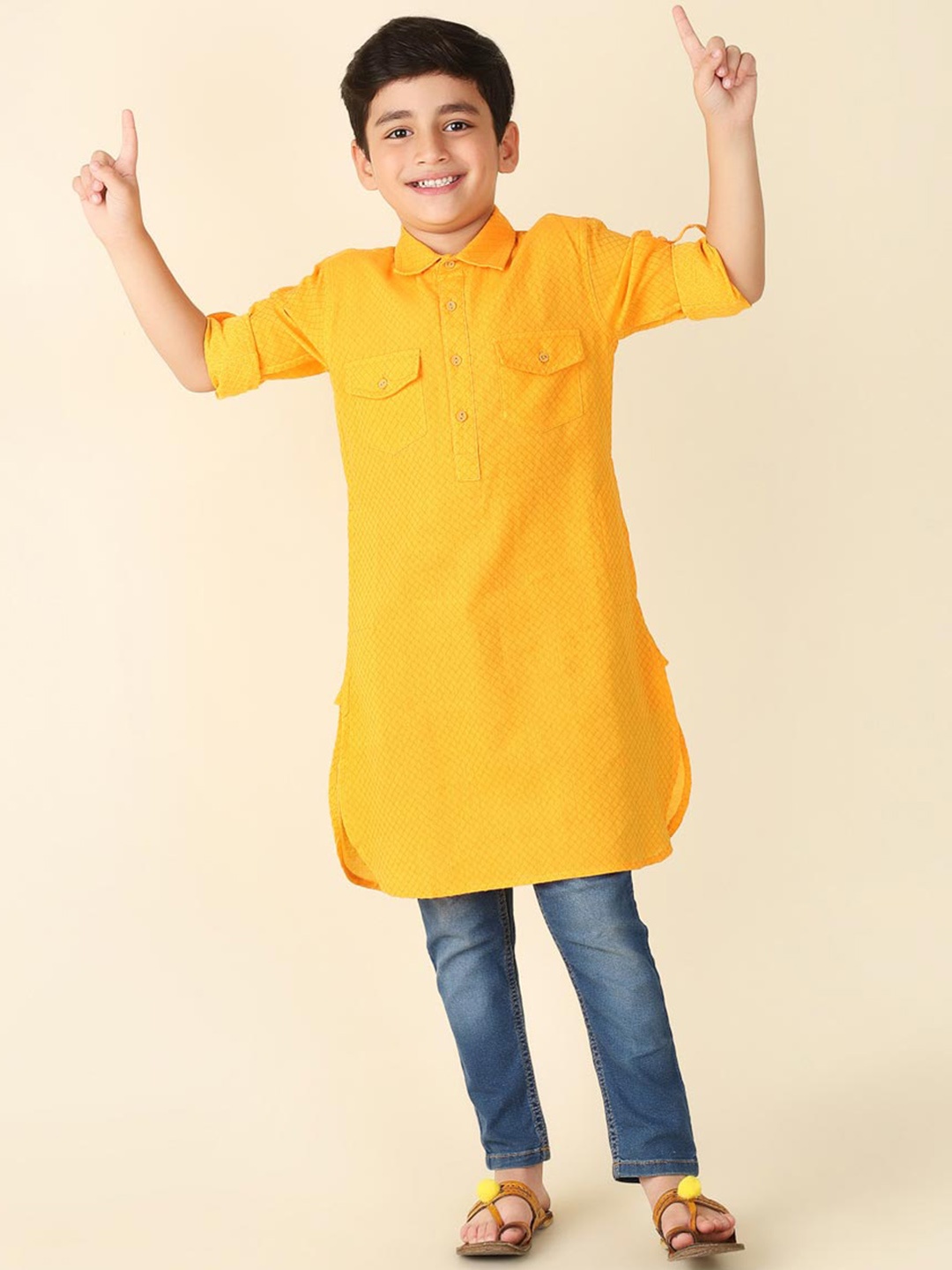 

Fabindia Boys Geometric Woven Design Shirt Collar Pathani Cotton Kurta, Yellow