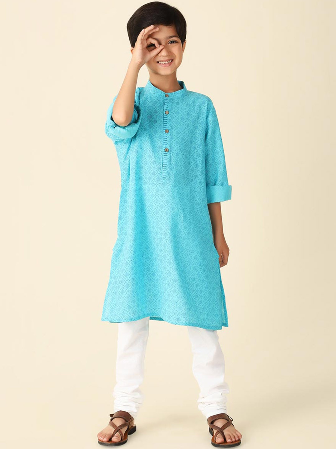 

Fabindia Boys Ethnic Motifs Printed Band Collar Straight Cotton Kurta, Turquoise blue