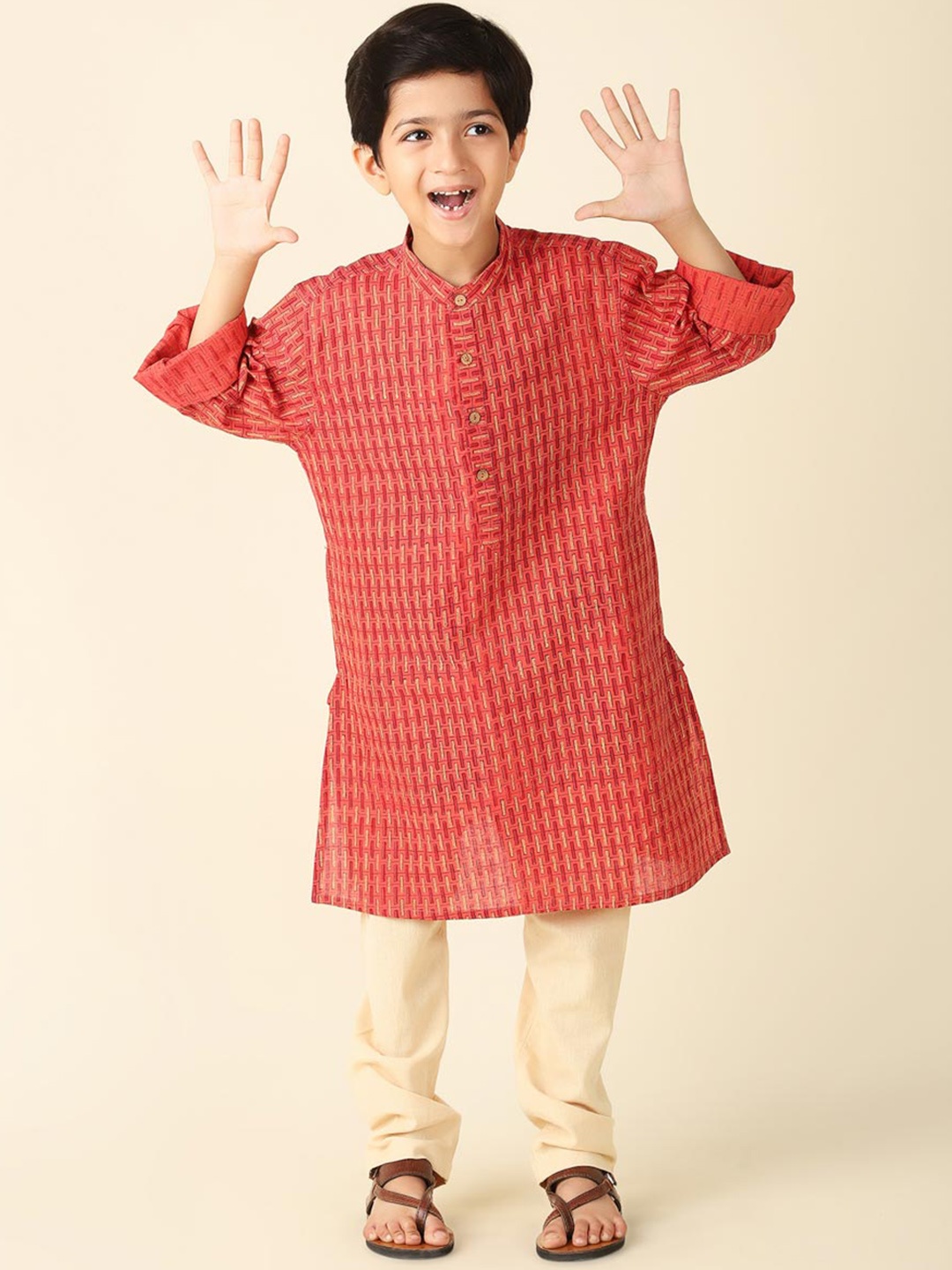 

Fabindia Boys Geometric Printed Cotton Straight Kurta, Red