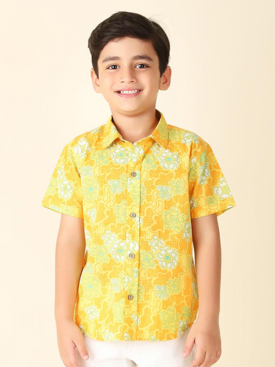 

Fabindia Boys Floral Printed Cotton Casual Shirt, Yellow