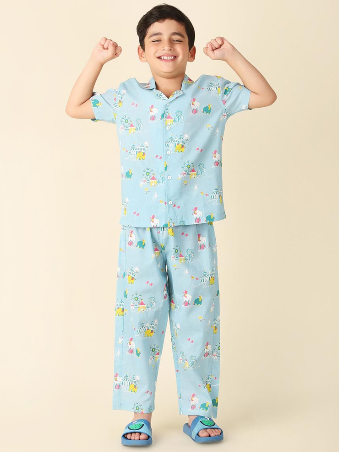 

Fabindia Conversational Printed Pure Cotton Night suit, Blue