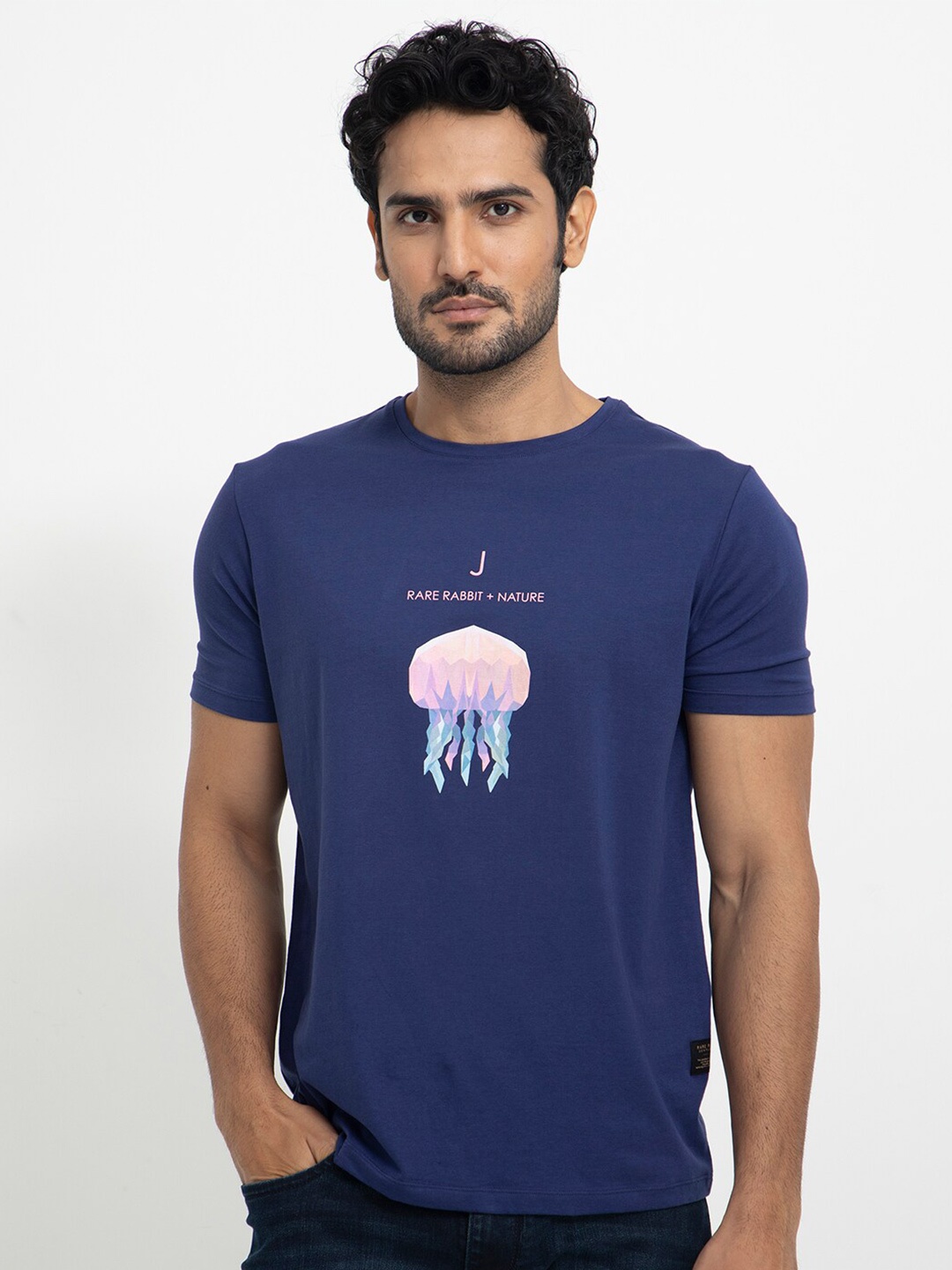 

RARE RABBIT Men Cubana Graphic Printed Slim Fit Cotton T-Shirt, Blue
