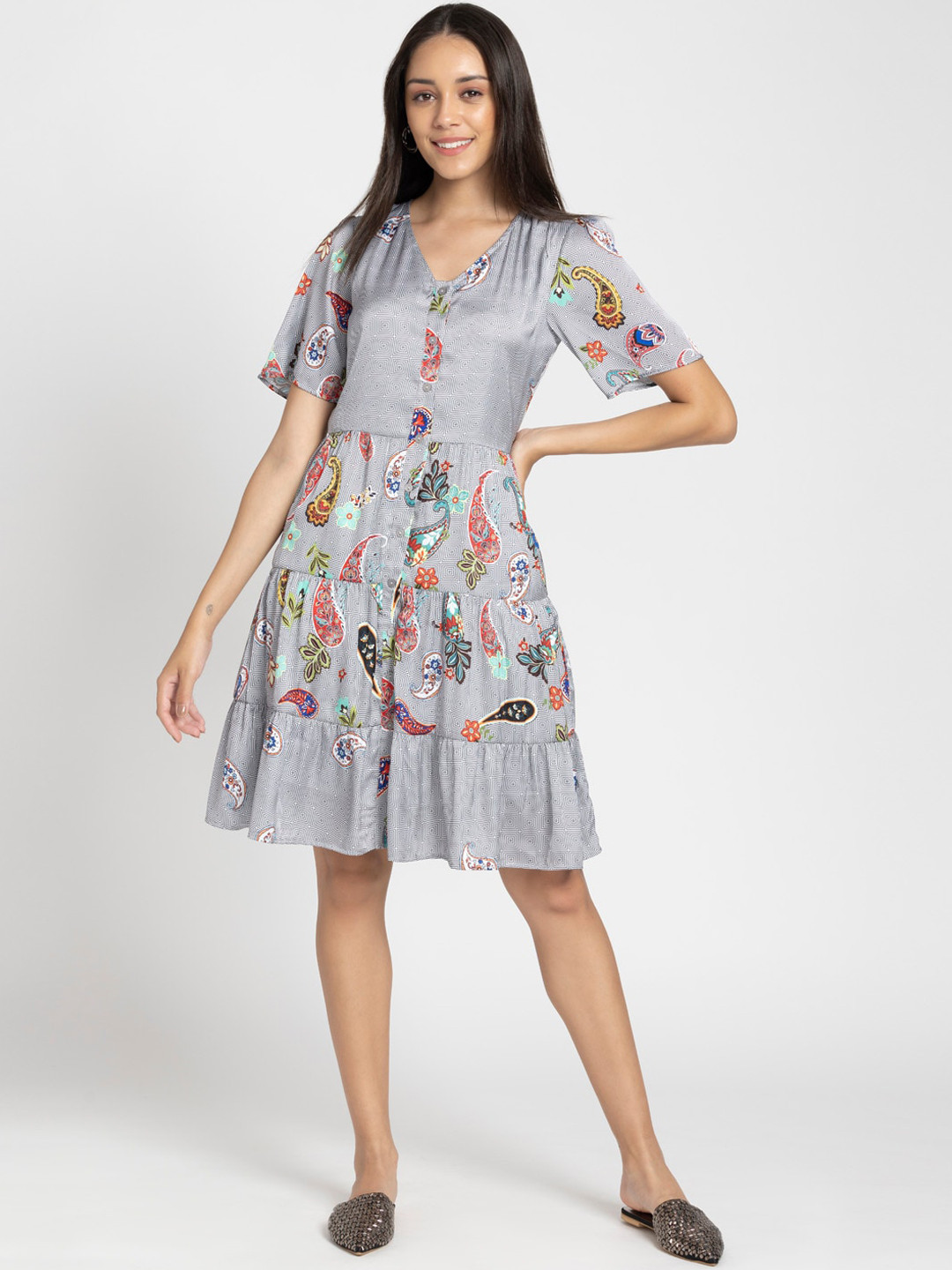 

SHAYE Floral Printed V-Neck Tiered Detail Fit & Flare Dress, Grey