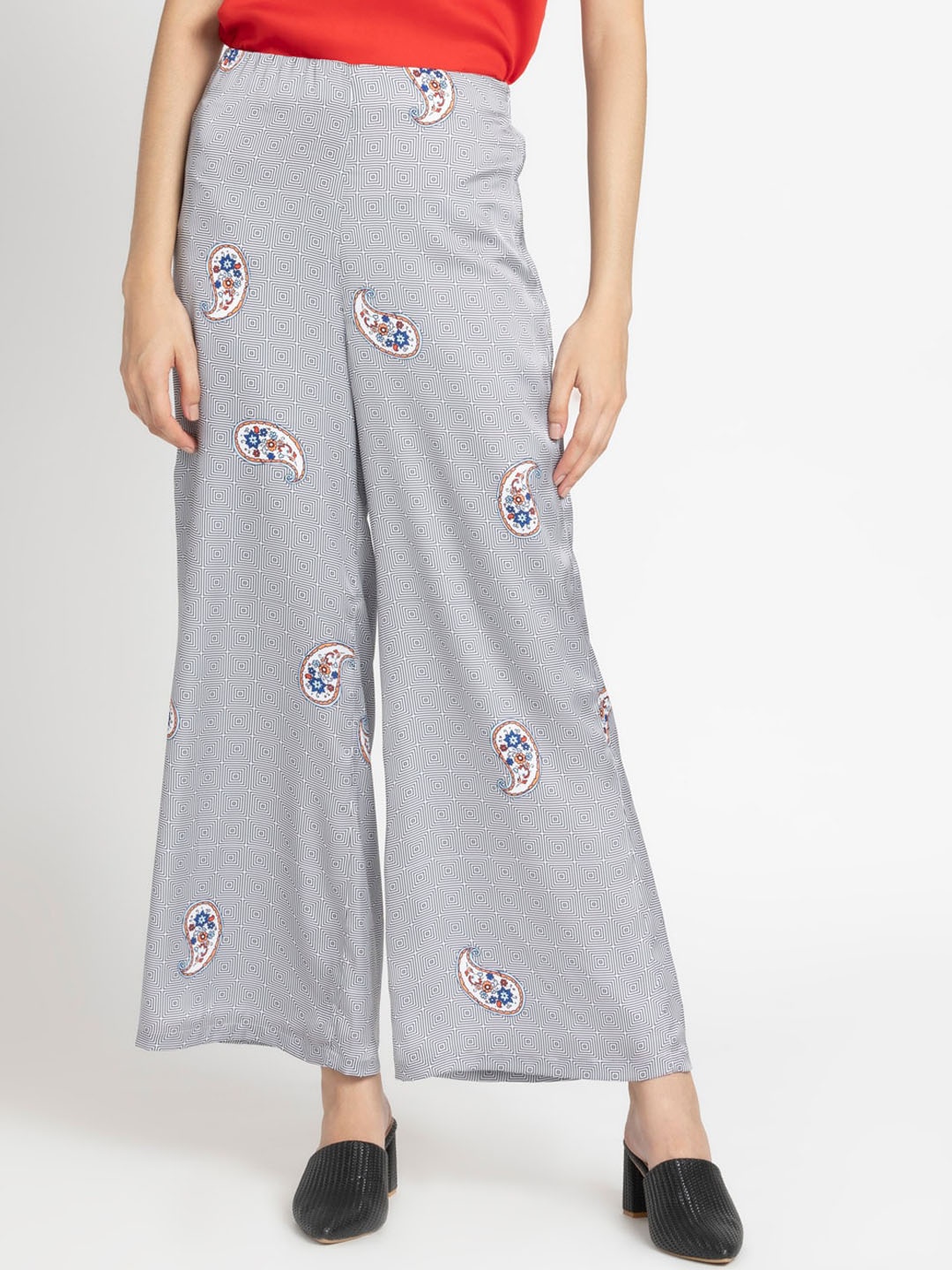 

SHAYE Women Smart Mid Rise Ethnic Motifs Printed Parallel Trousers, Grey