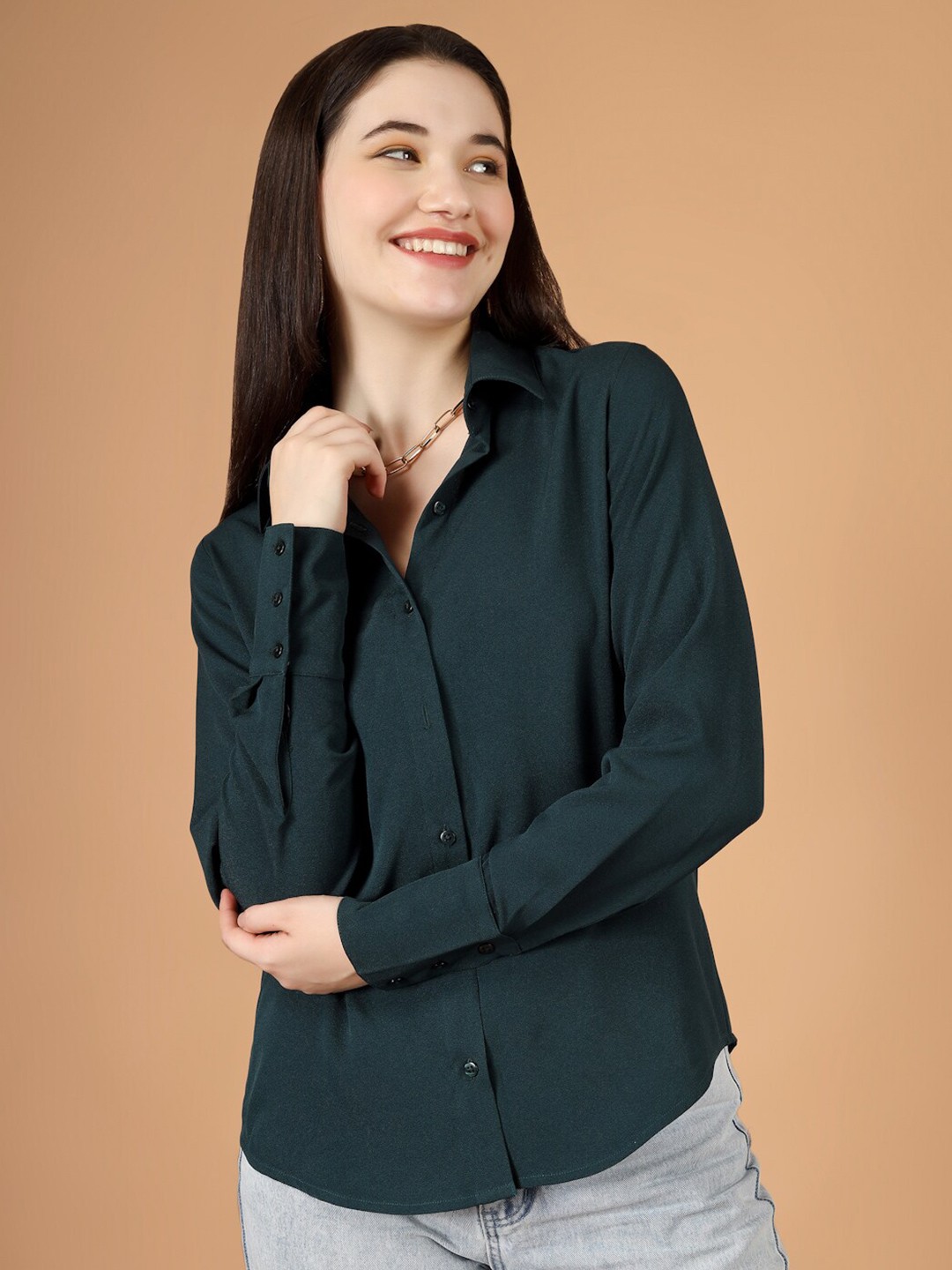 

angloindu Women Green Opaque Casual Shirt