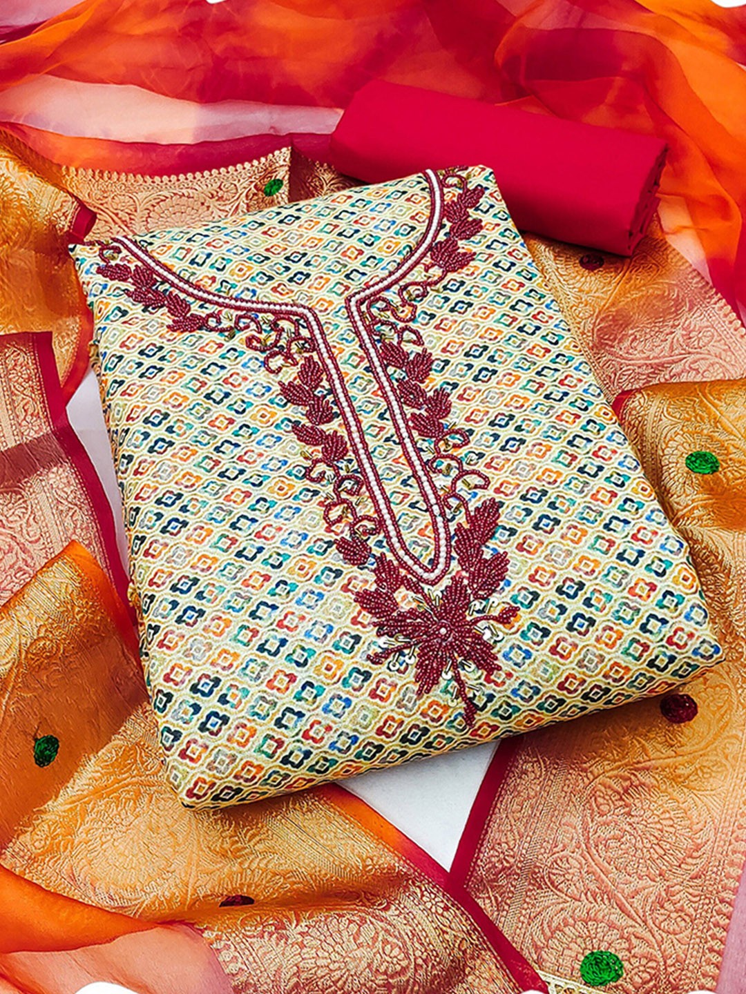 

MANVAA Embroidered Pure Cotton Unstitched Dress Material, Red