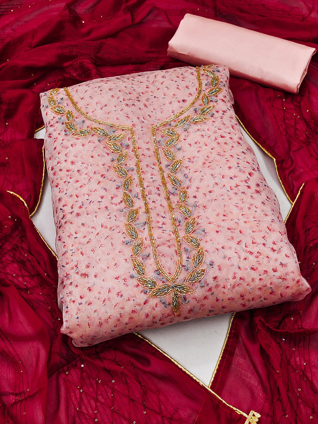 

MANVAA Floral Embroidered Organza Unstitched Dress Material, Peach