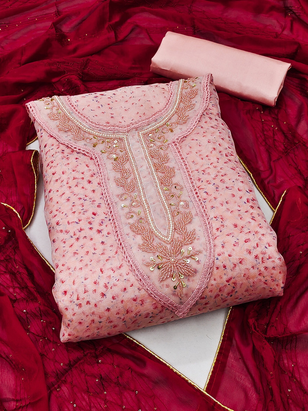 

MANVAA Embroidered Organza Unstitched Dress Material, Peach