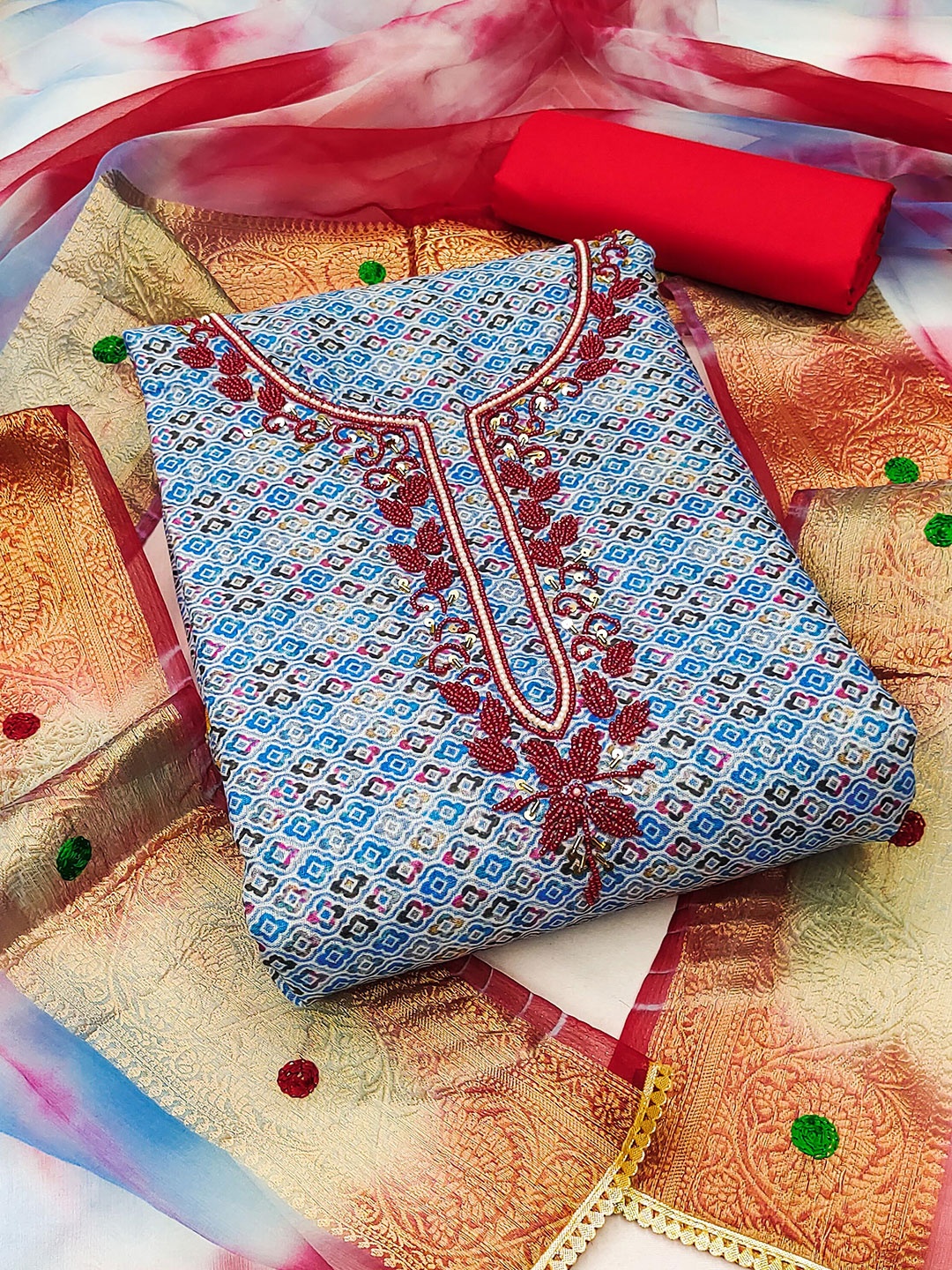 

MANVAA Geometric Printed Pure Cotton Unstitched Dress Material, Blue