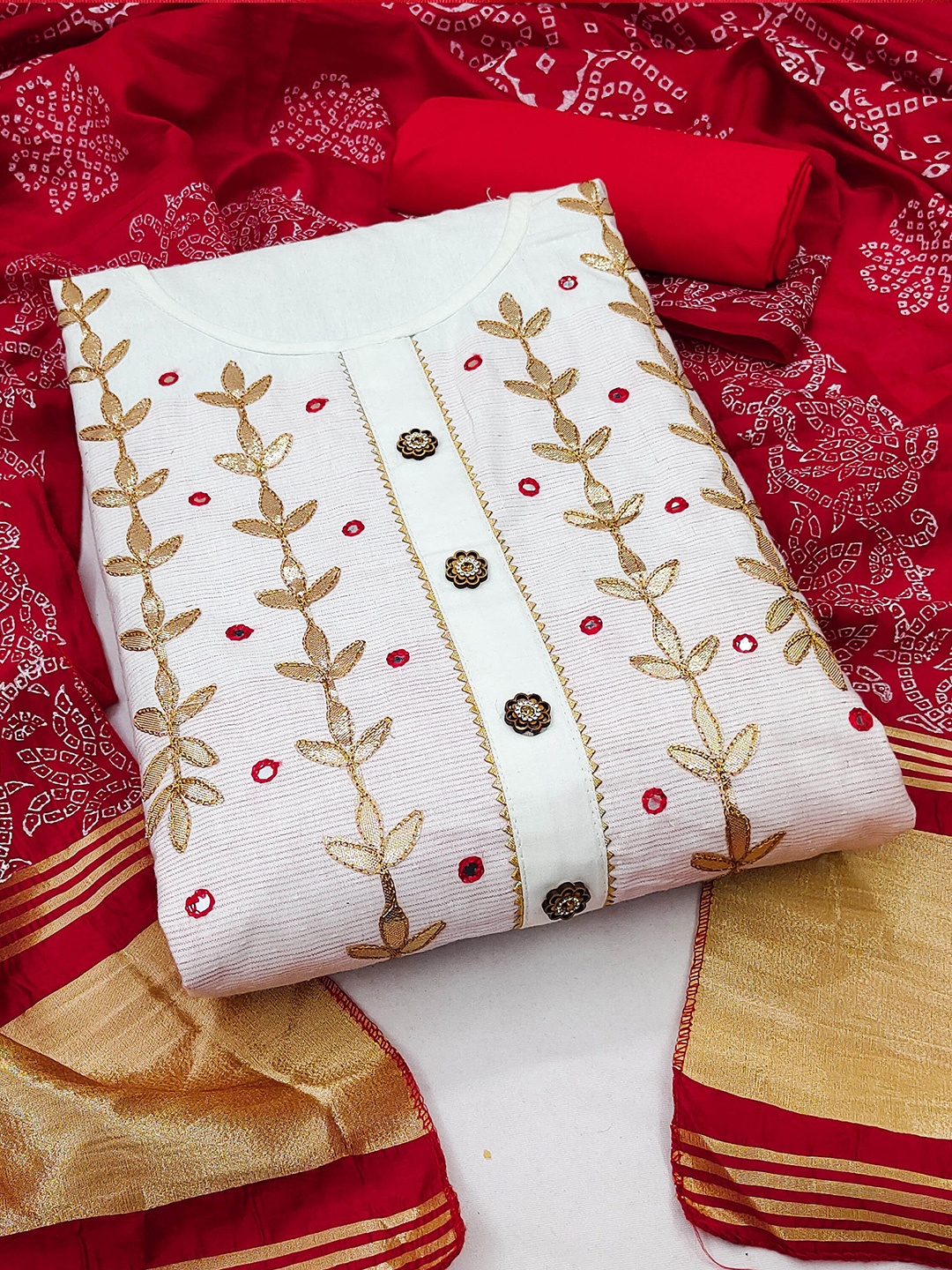 

MANVAA Embellished Mirror Work Unstitched Dress Material, White