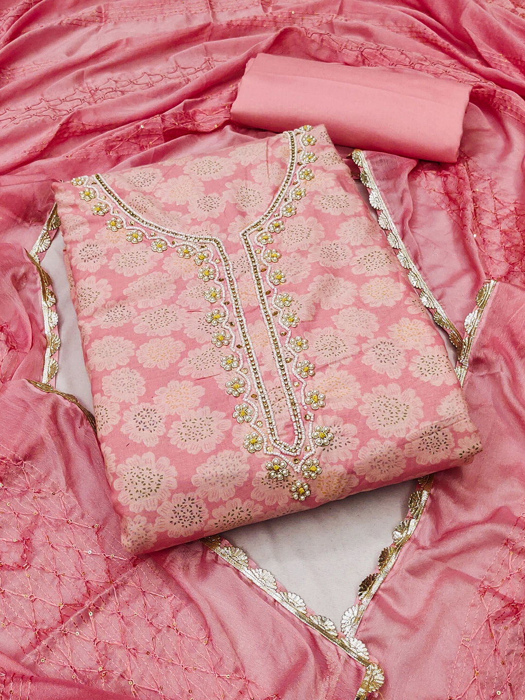 

MANVAA Floral Embroidered Pure Cotton Unstitched Dress Material, Pink