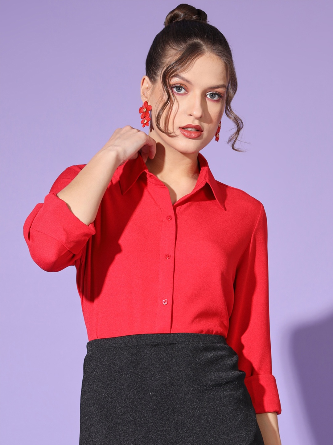 

angloindu Spread Collar Opaque Casual Shirt, Red