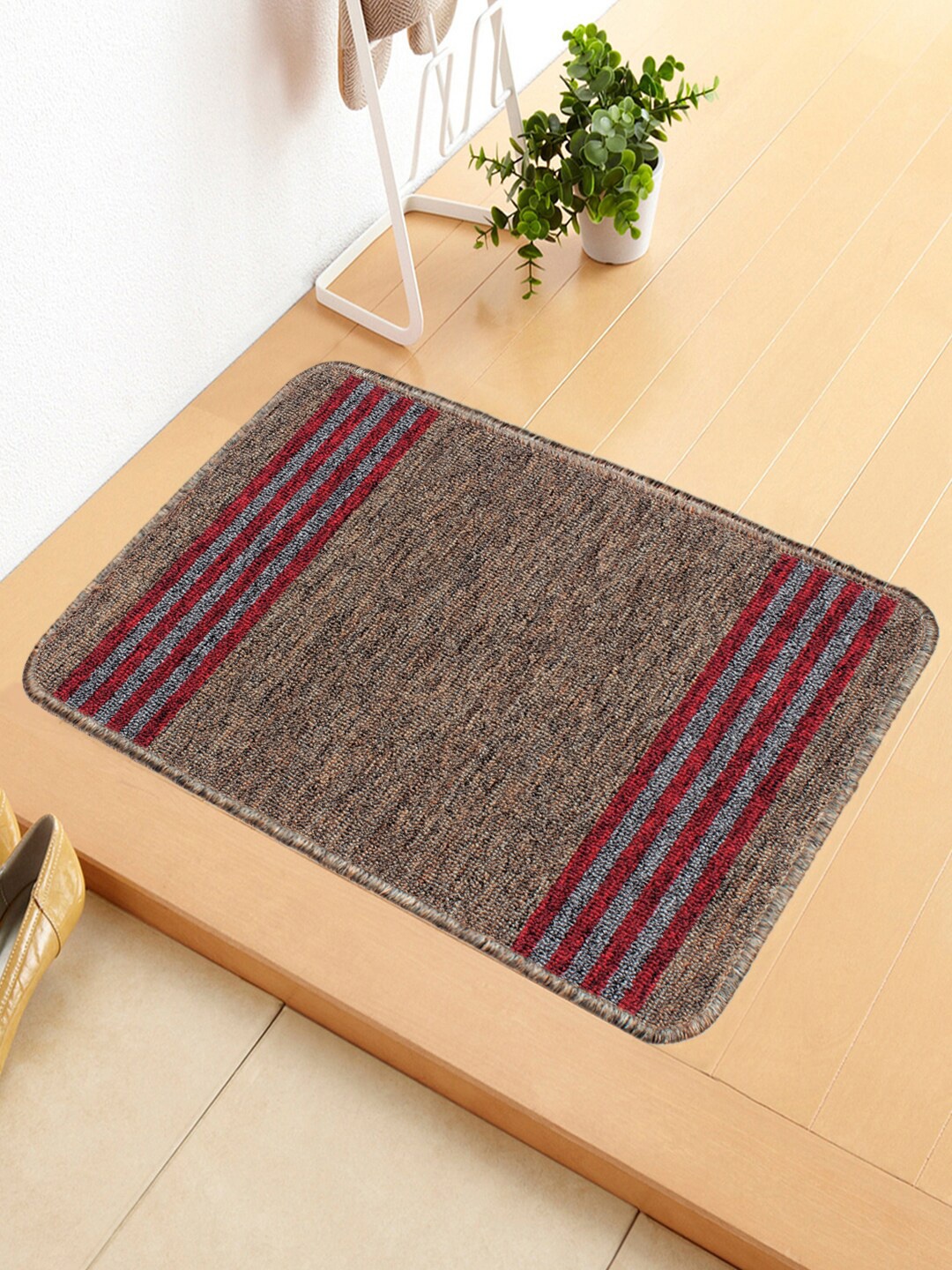 Bedspun Brown & Red Striped Anti-Skid Doormat