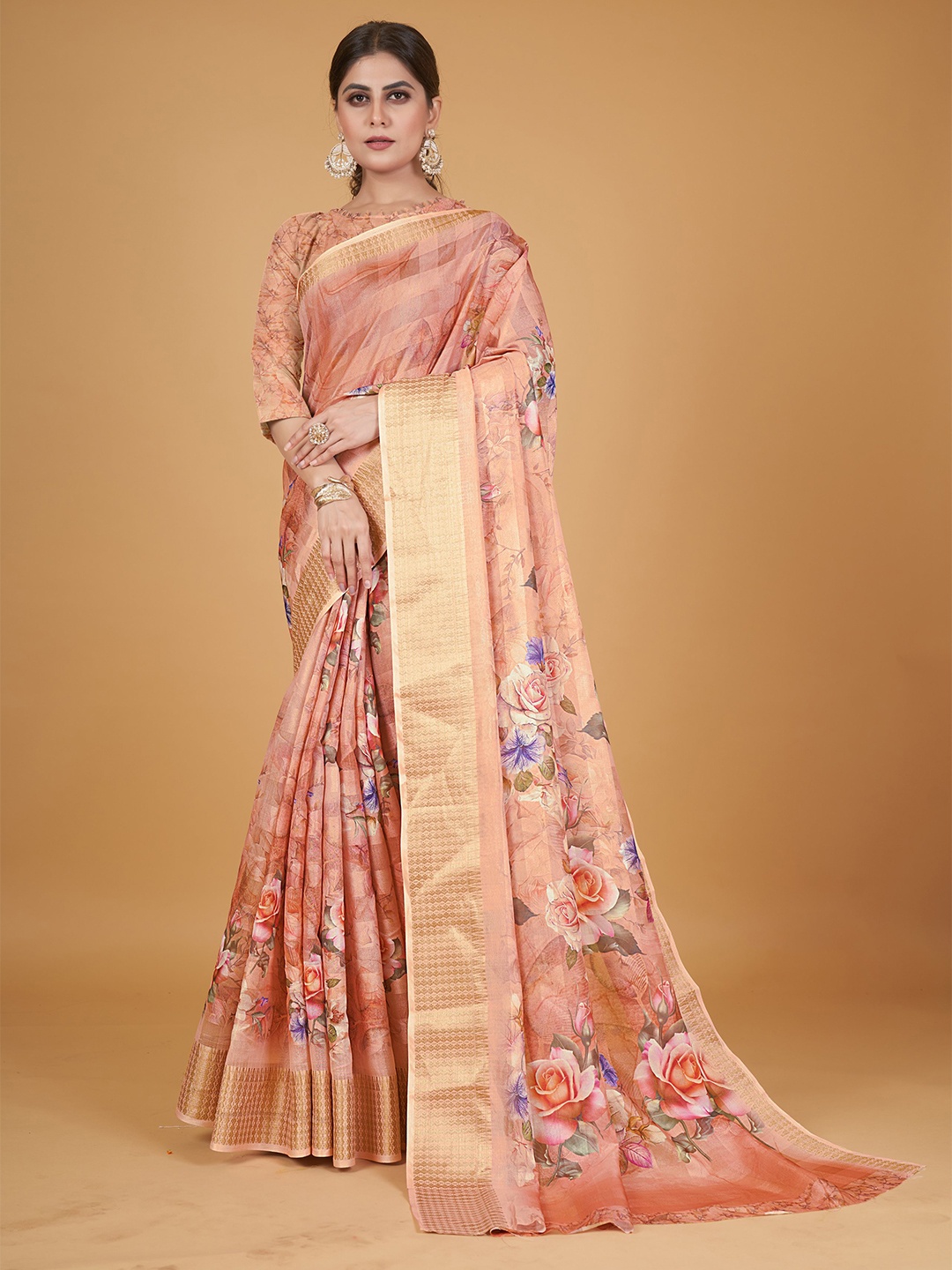 

all about you Floral Printed Silk Cotton Saree, Orange