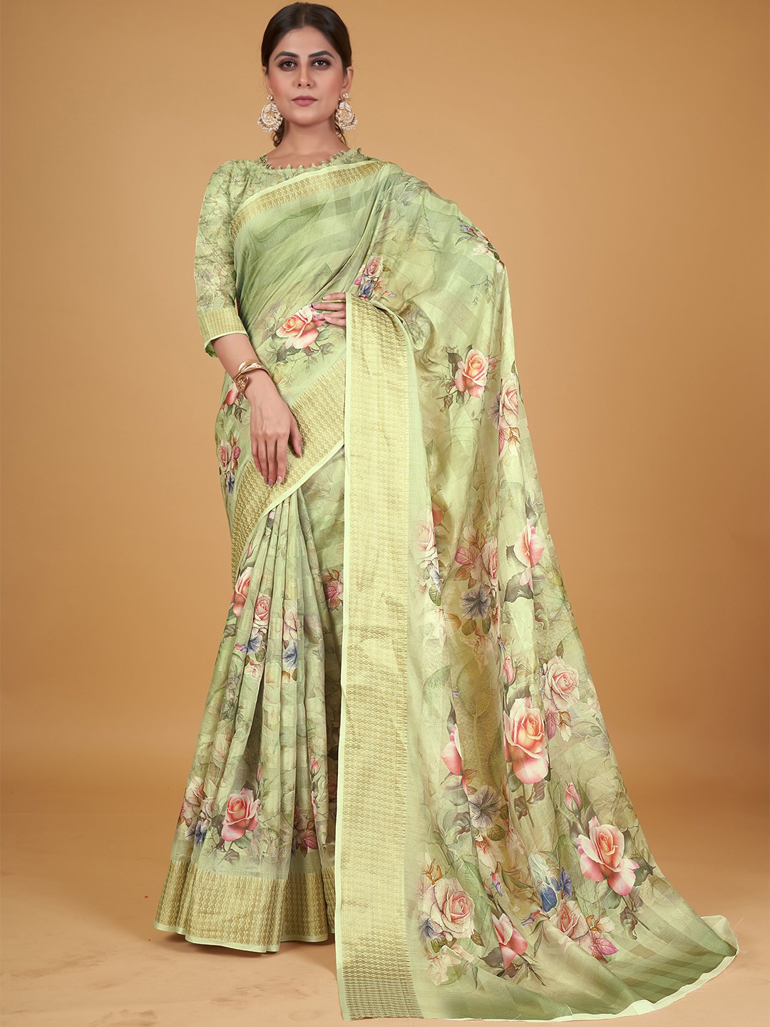 

all about you Floral Printed Zari Silk Cotton Saree, Green