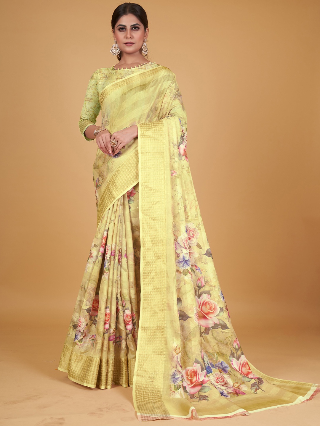 

all about you Floral Printed Silk Cotton Saree, Yellow